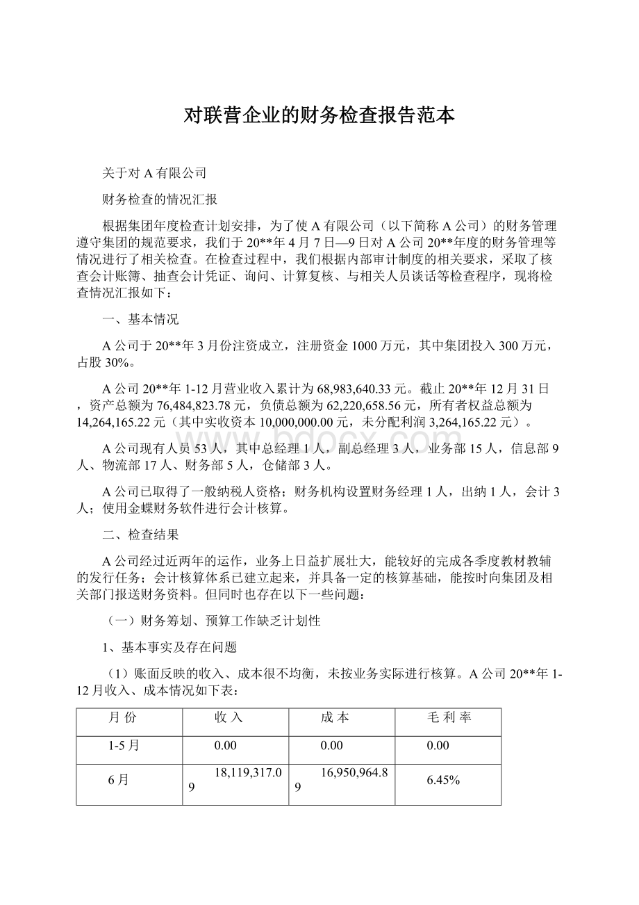 对联营企业的财务检查报告范本.docx_第1页