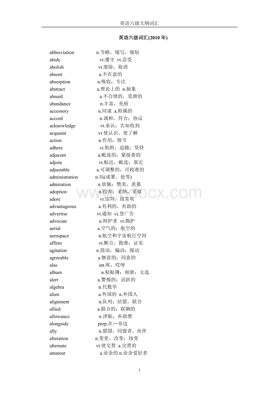 大学英语六级大纲词汇总表Word文件下载.doc