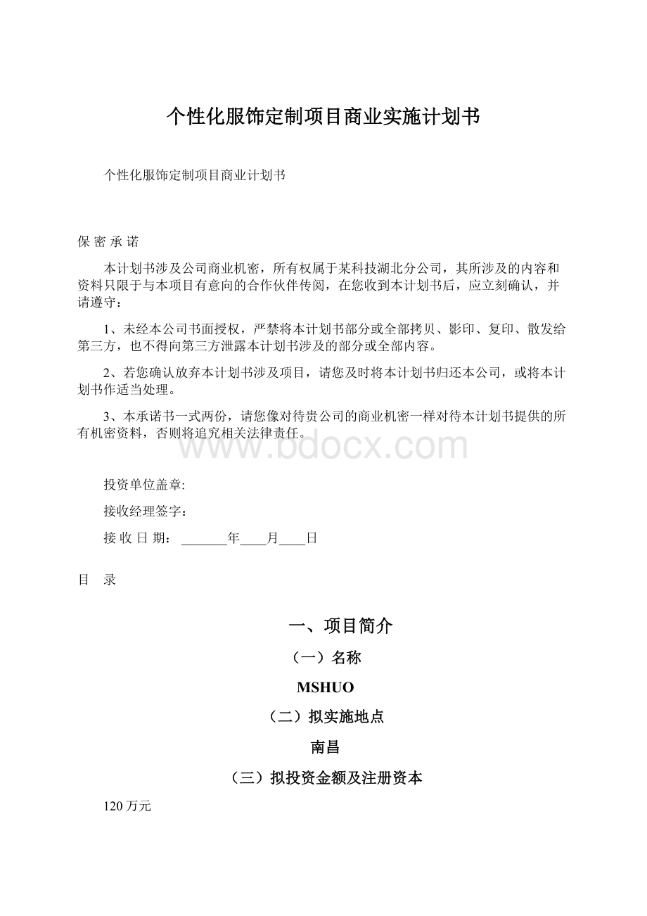 个性化服饰定制项目商业实施计划书Word格式文档下载.docx