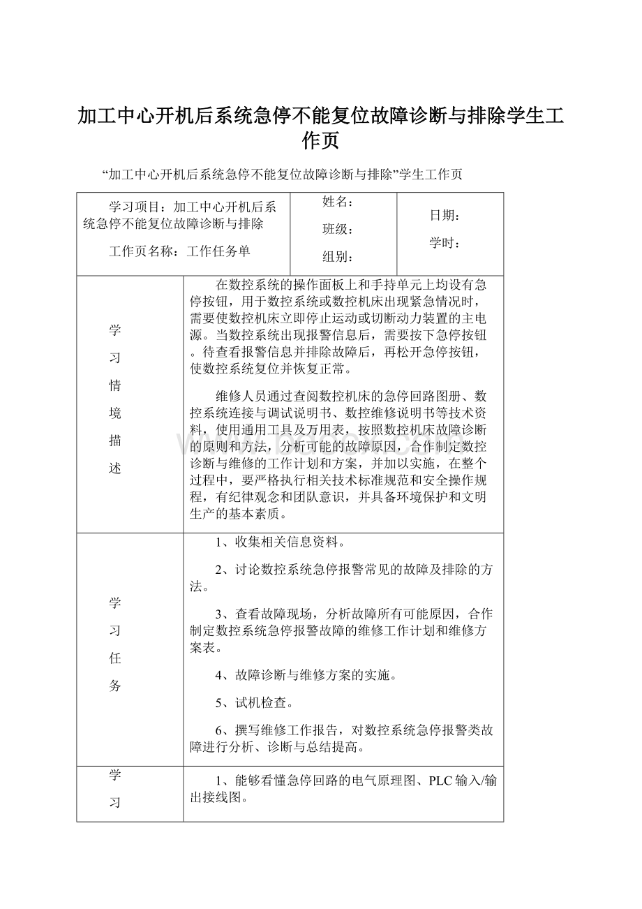 加工中心开机后系统急停不能复位故障诊断与排除学生工作页Word下载.docx