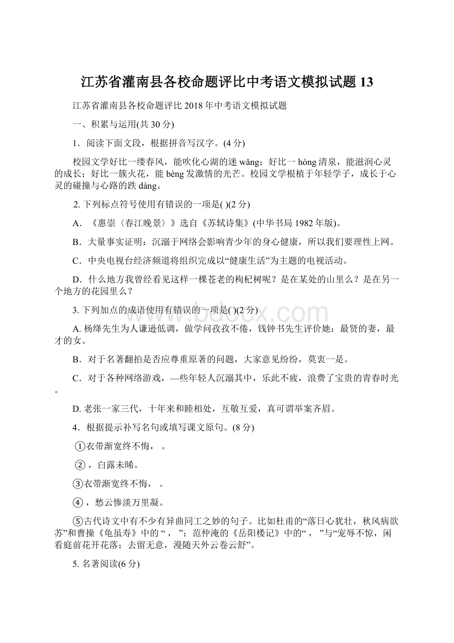 江苏省灌南县各校命题评比中考语文模拟试题13Word格式文档下载.docx