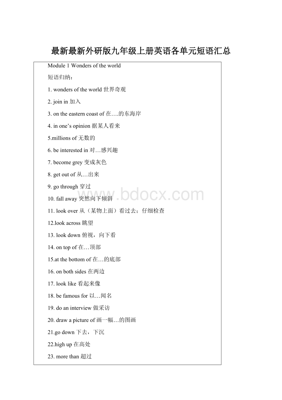 最新最新外研版九年级上册英语各单元短语汇总Word文档下载推荐.docx