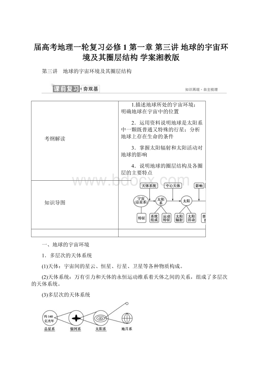 届高考地理一轮复习必修1 第一章 第三讲 地球的宇宙环境及其圈层结构 学案湘教版Word下载.docx