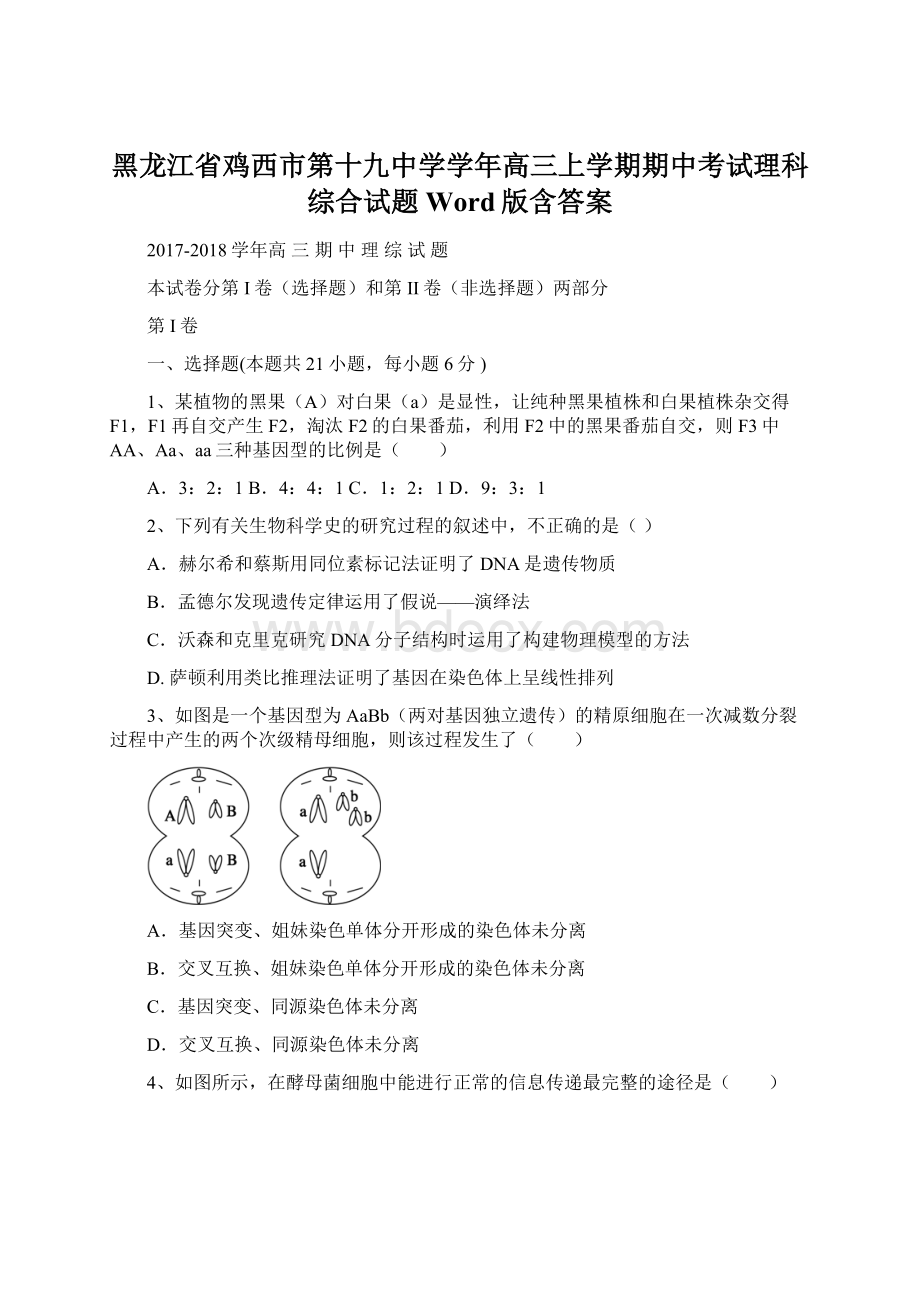 黑龙江省鸡西市第十九中学学年高三上学期期中考试理科综合试题 Word版含答案Word文档下载推荐.docx_第1页