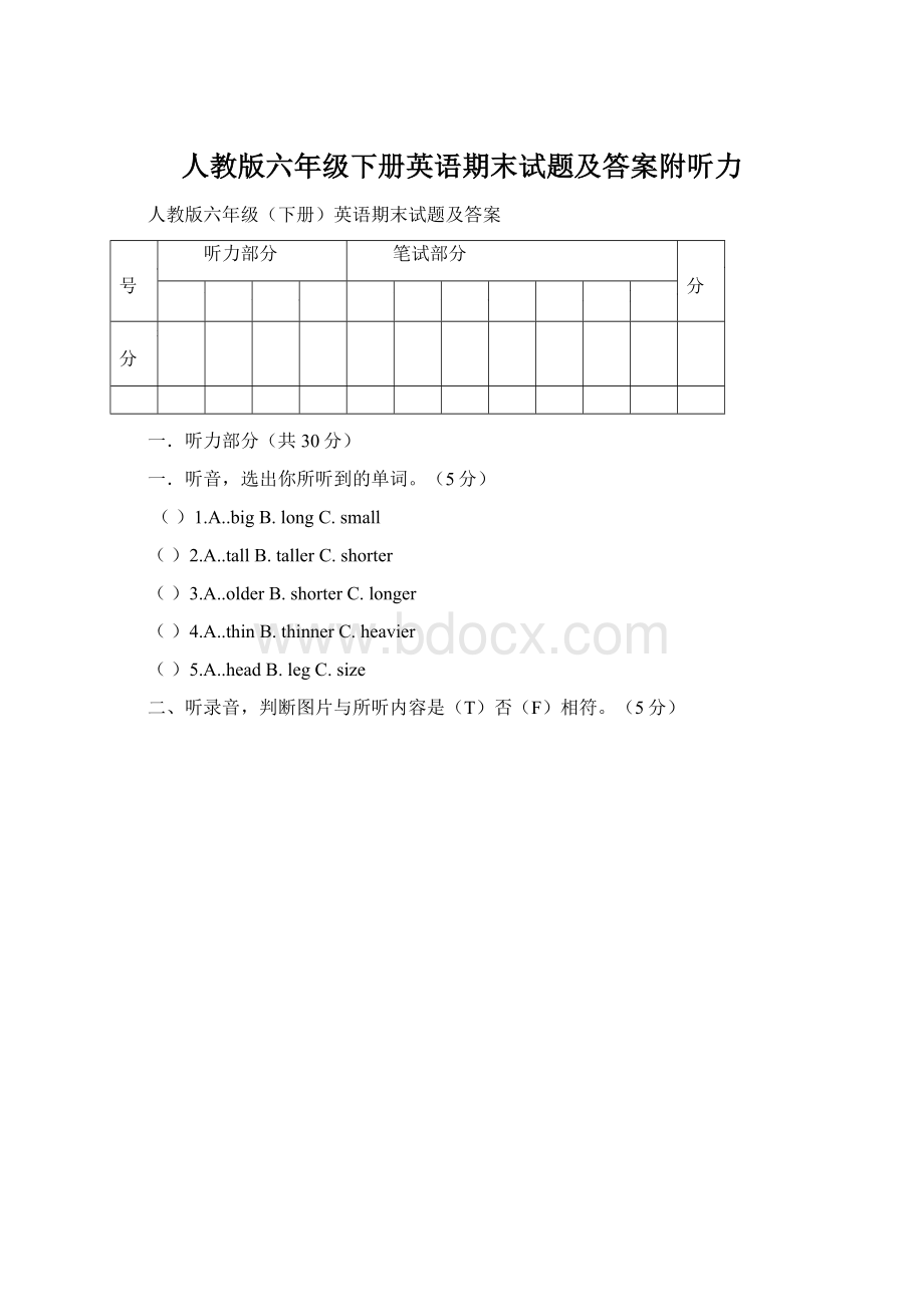 人教版六年级下册英语期末试题及答案附听力Word格式文档下载.docx_第1页