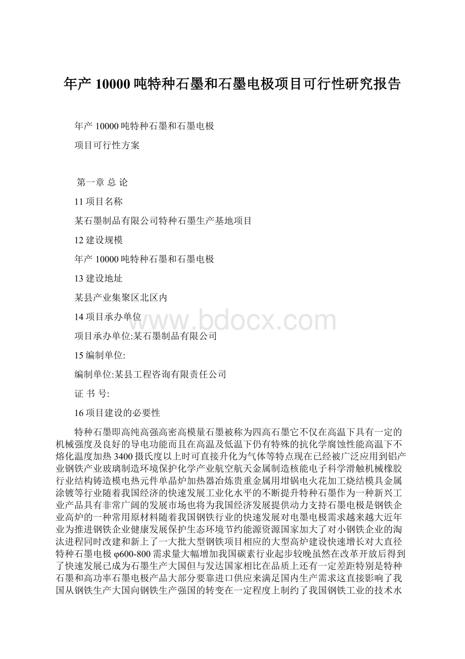 年产10000吨特种石墨和石墨电极项目可行性研究报告.docx_第1页