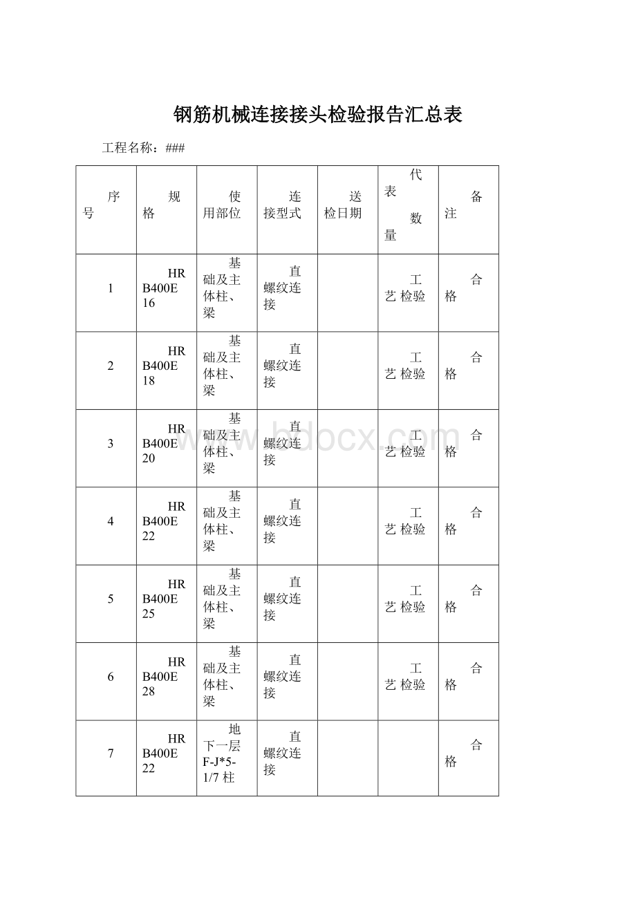 钢筋机械连接接头检验报告汇总表Word文件下载.docx_第1页