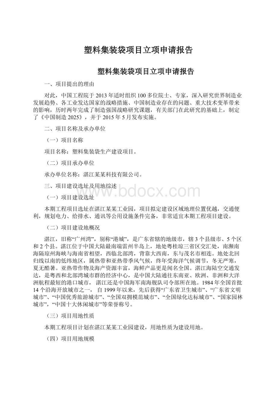 塑料集装袋项目立项申请报告Word文档格式.docx_第1页