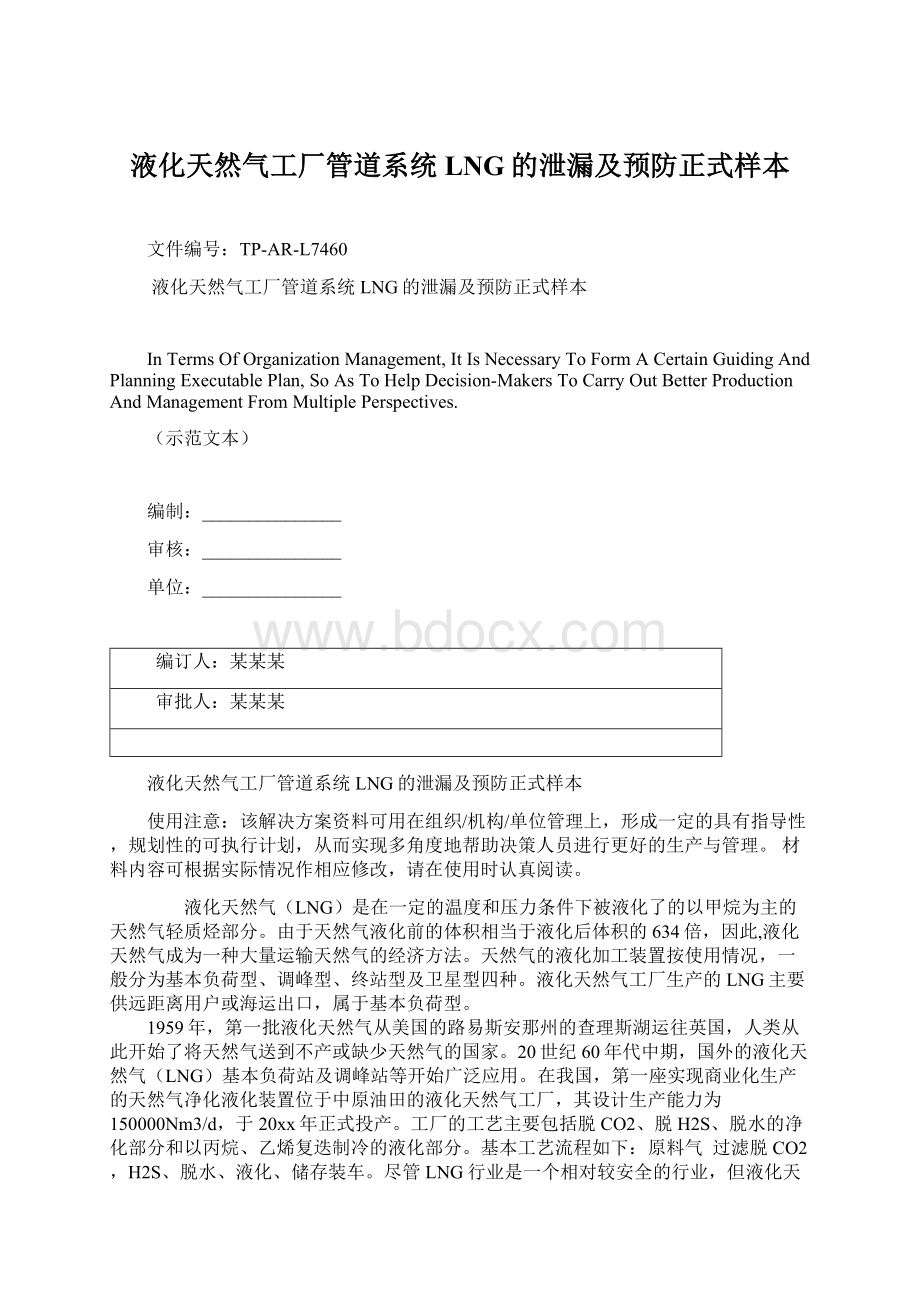 液化天然气工厂管道系统LNG的泄漏及预防正式样本Word文档格式.docx_第1页