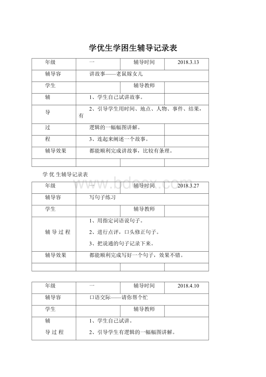 学优生学困生辅导记录表Word文档下载推荐.docx