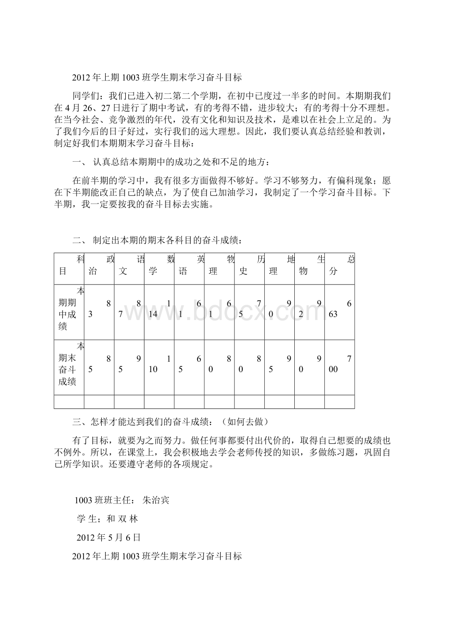 上期1003班学生本期学习奋斗目标Word文件下载.docx_第2页