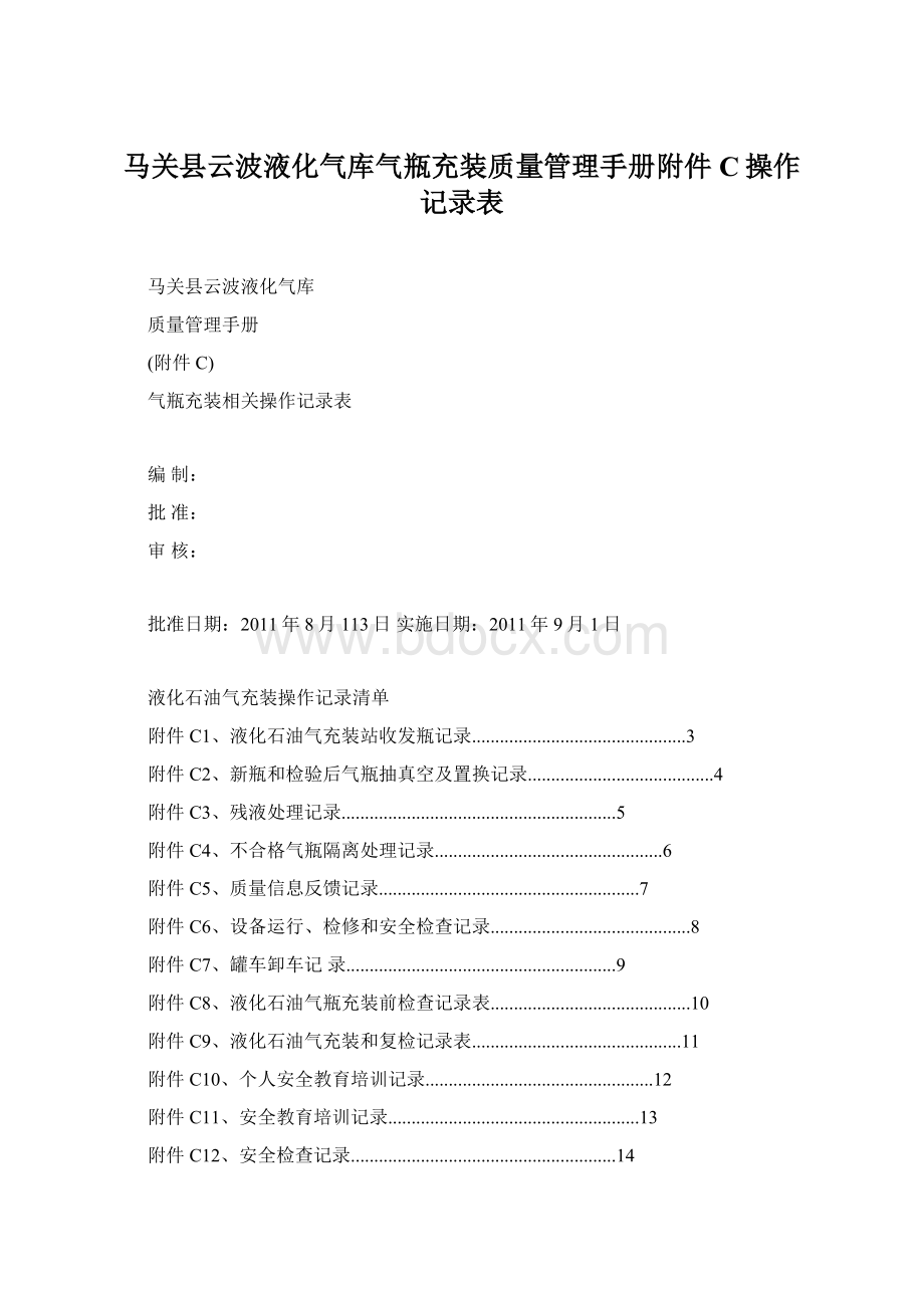 马关县云波液化气库气瓶充装质量管理手册附件C操作记录表文档格式.docx