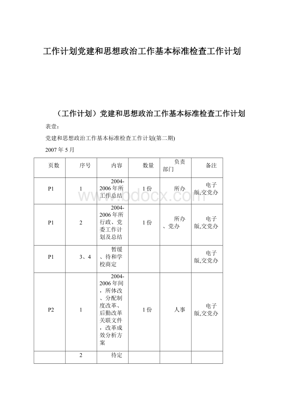 工作计划党建和思想政治工作基本标准检查工作计划.docx_第1页