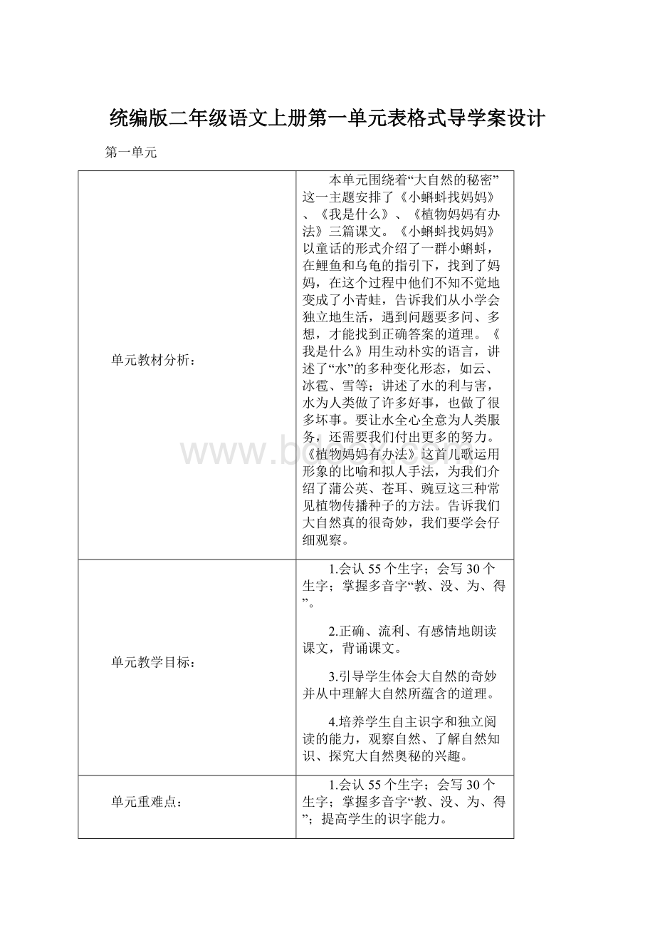 统编版二年级语文上册第一单元表格式导学案设计文档格式.docx