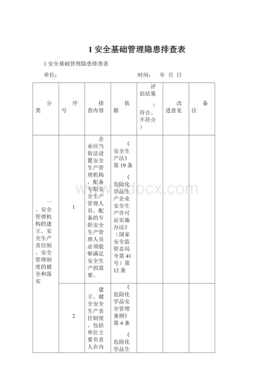 1安全基础管理隐患排查表Word文档下载推荐.docx