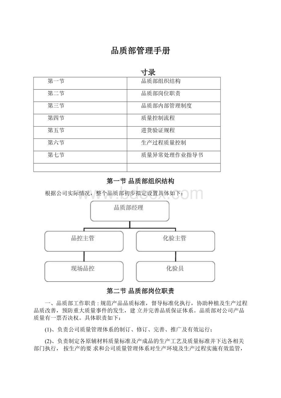 品质部管理手册Word文件下载.docx