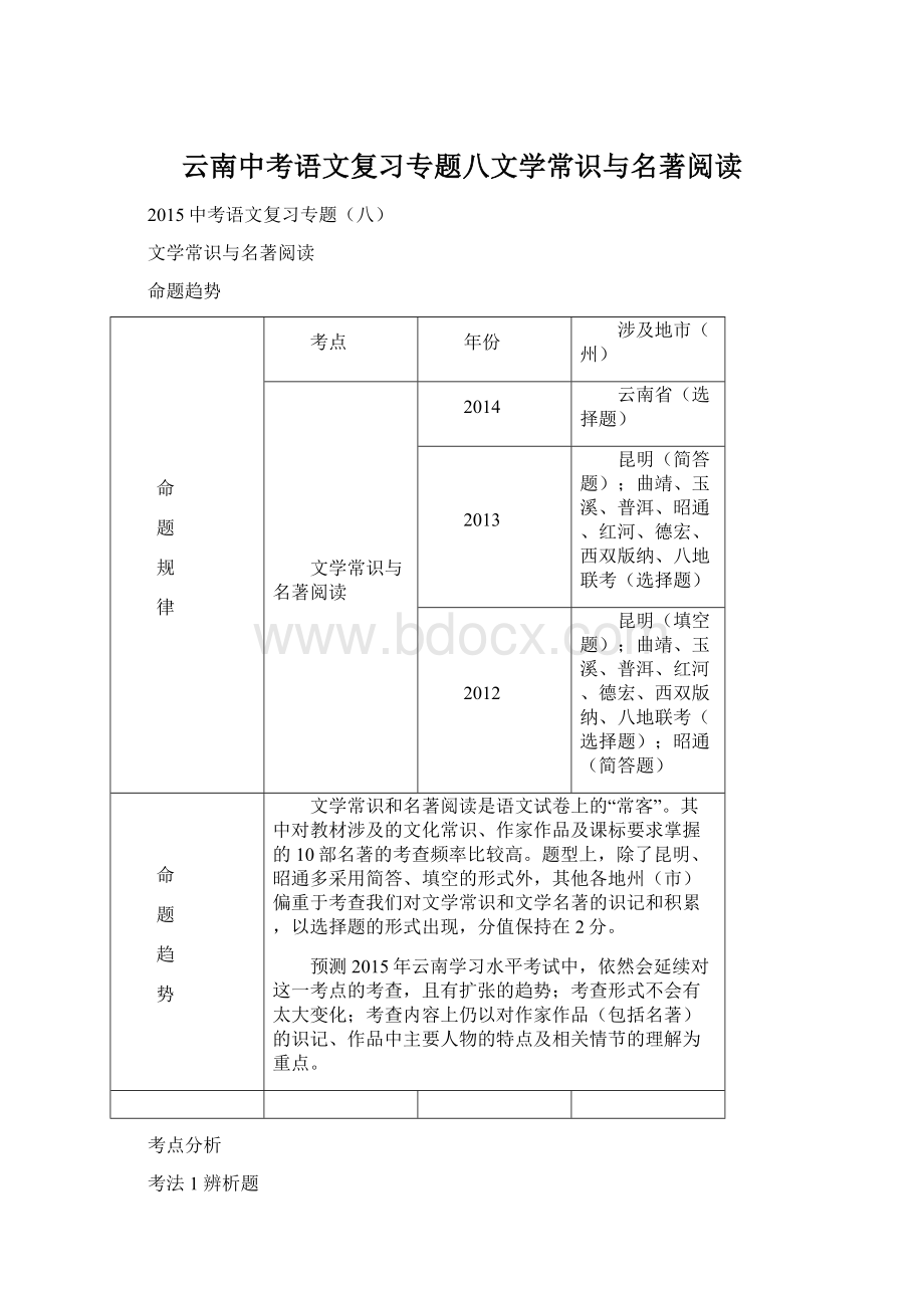 云南中考语文复习专题八文学常识与名著阅读Word文件下载.docx_第1页