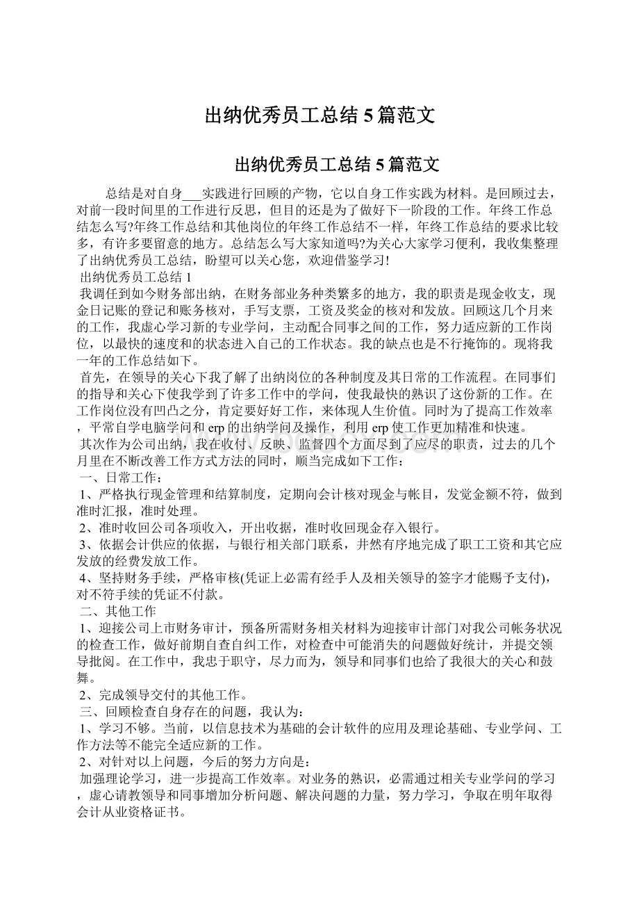 出纳优秀员工总结5篇范文Word文档下载推荐.docx