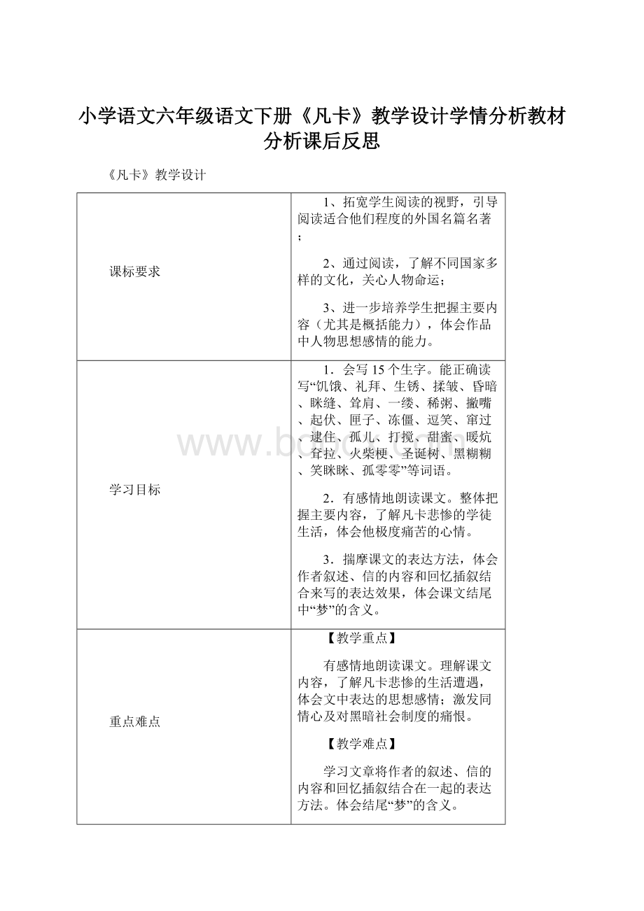 小学语文六年级语文下册《凡卡》教学设计学情分析教材分析课后反思Word文件下载.docx