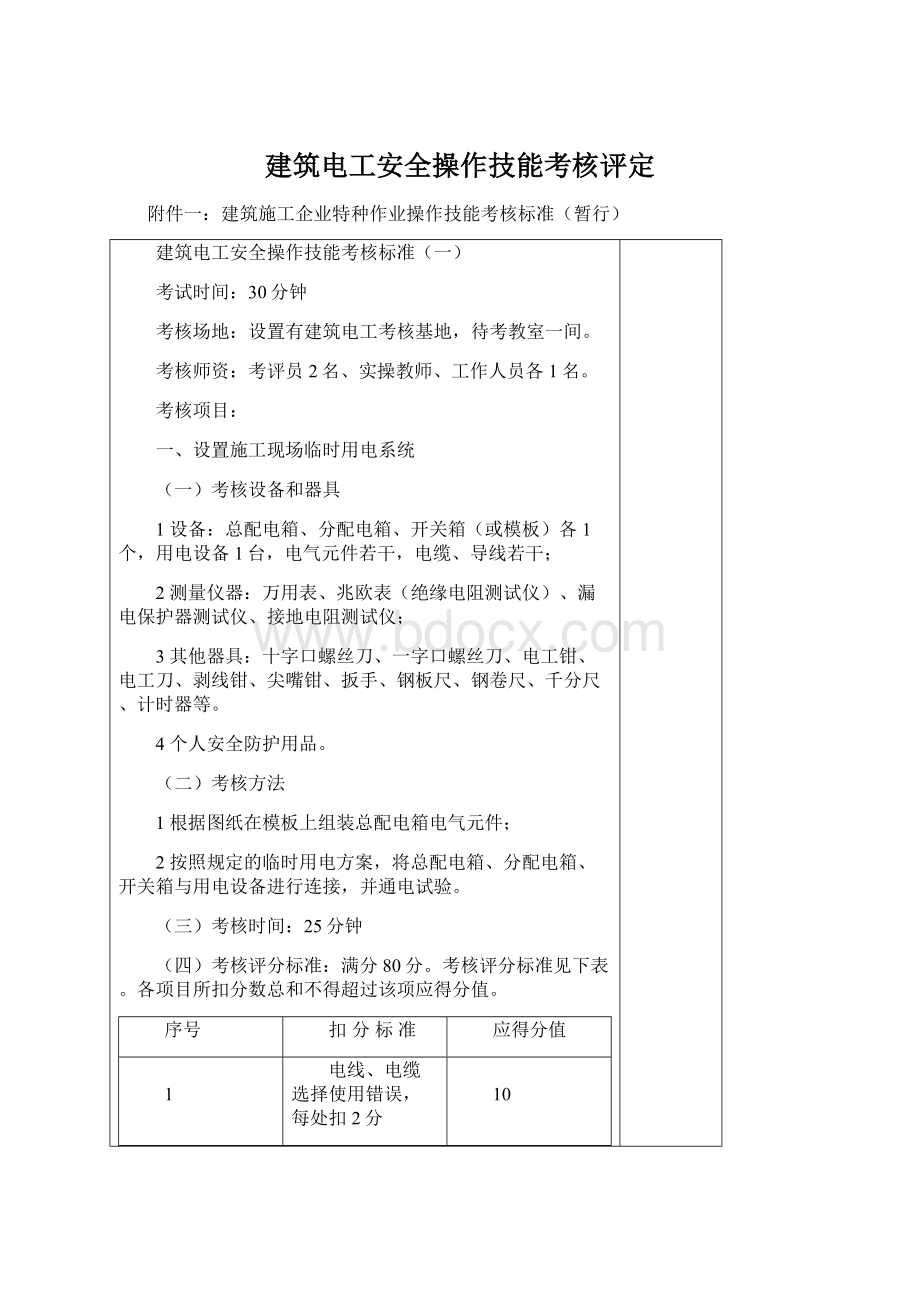 建筑电工安全操作技能考核评定Word下载.docx