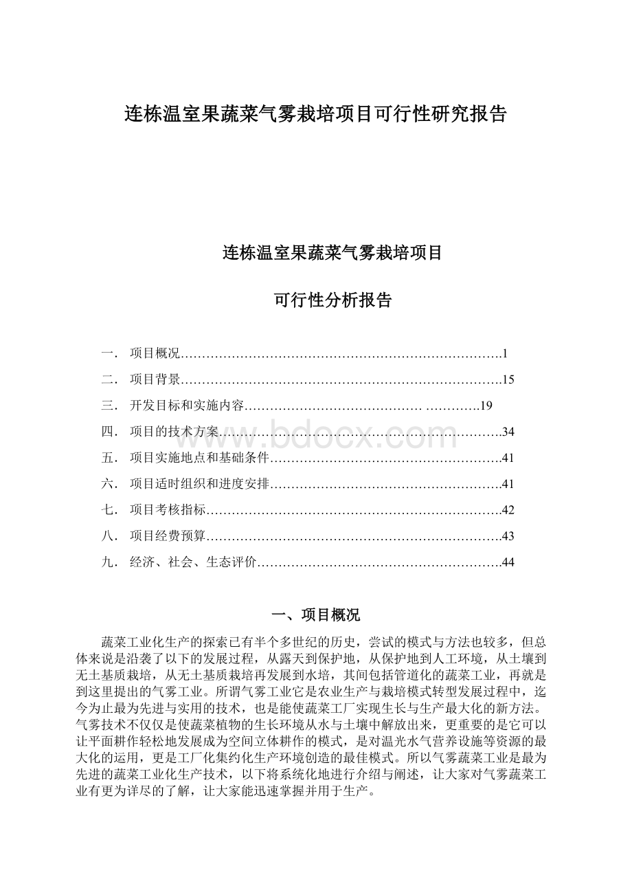 连栋温室果蔬菜气雾栽培项目可行性研究报告Word下载.docx_第1页