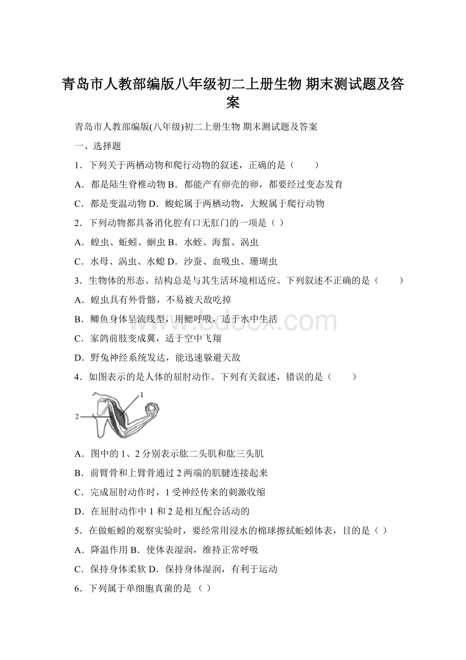 青岛市人教部编版八年级初二上册生物 期末测试题及答案Word文档格式.docx_第1页