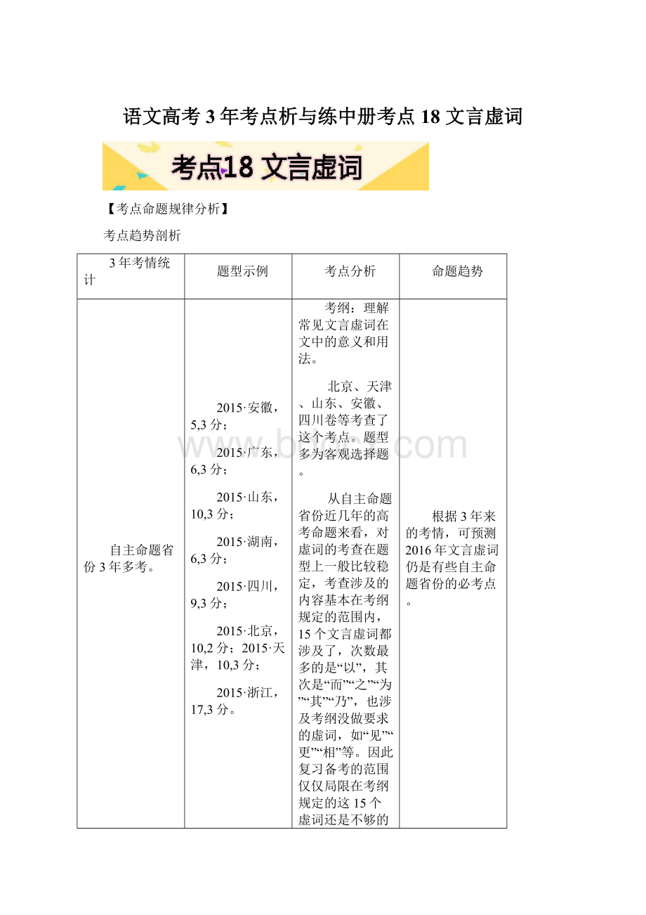 语文高考3年考点析与练中册考点18 文言虚词.docx