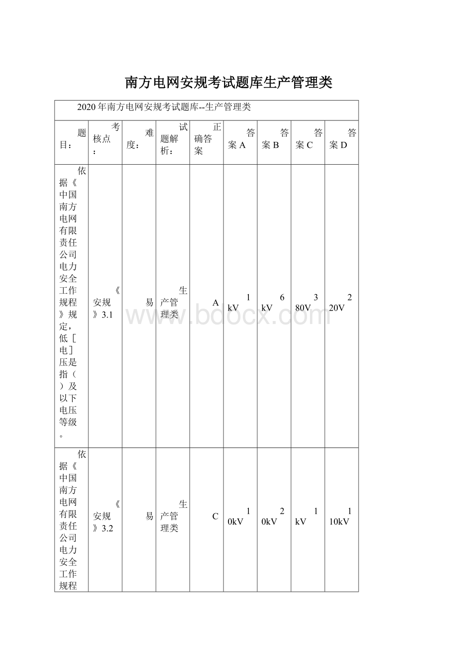 南方电网安规考试题库生产管理类Word文档格式.docx