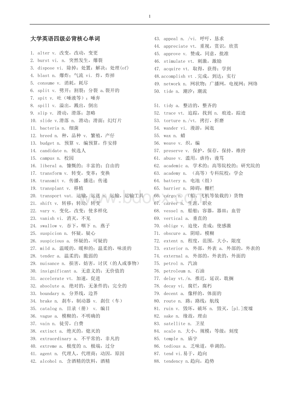 大学英语四级最新必背核心单词.doc