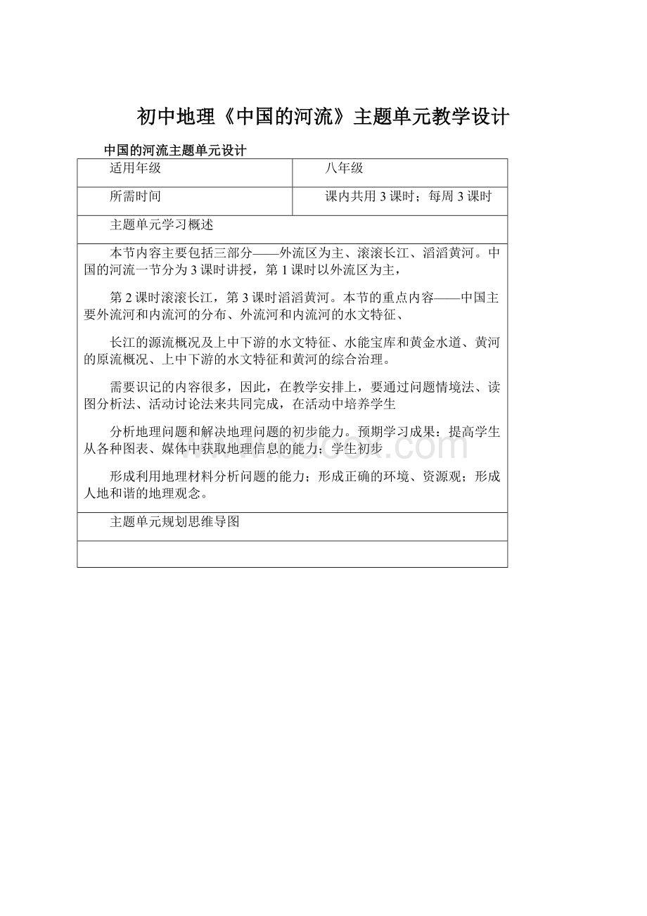初中地理《中国的河流》主题单元教学设计Word文档下载推荐.docx_第1页