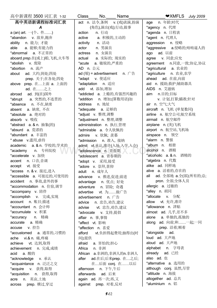 高中英语新课程3500词汇表32页版.doc