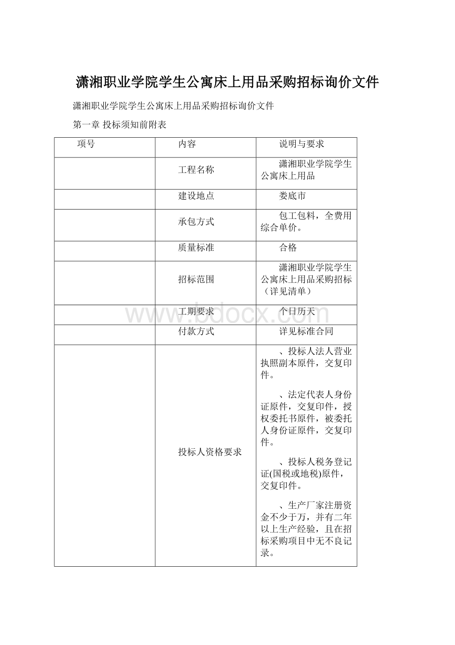 潇湘职业学院学生公寓床上用品采购招标询价文件.docx_第1页