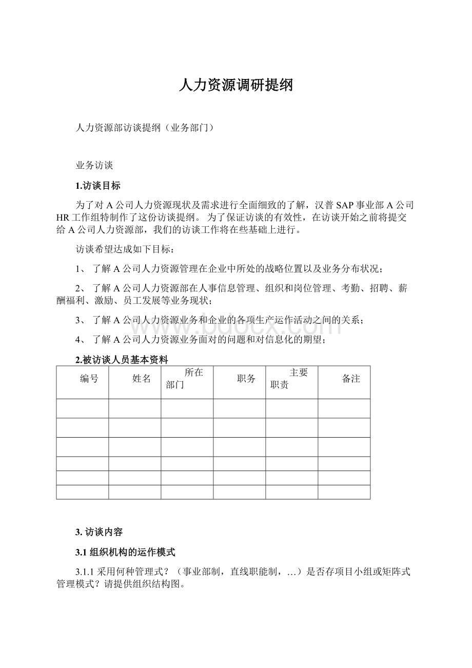 人力资源调研提纲Word文档下载推荐.docx