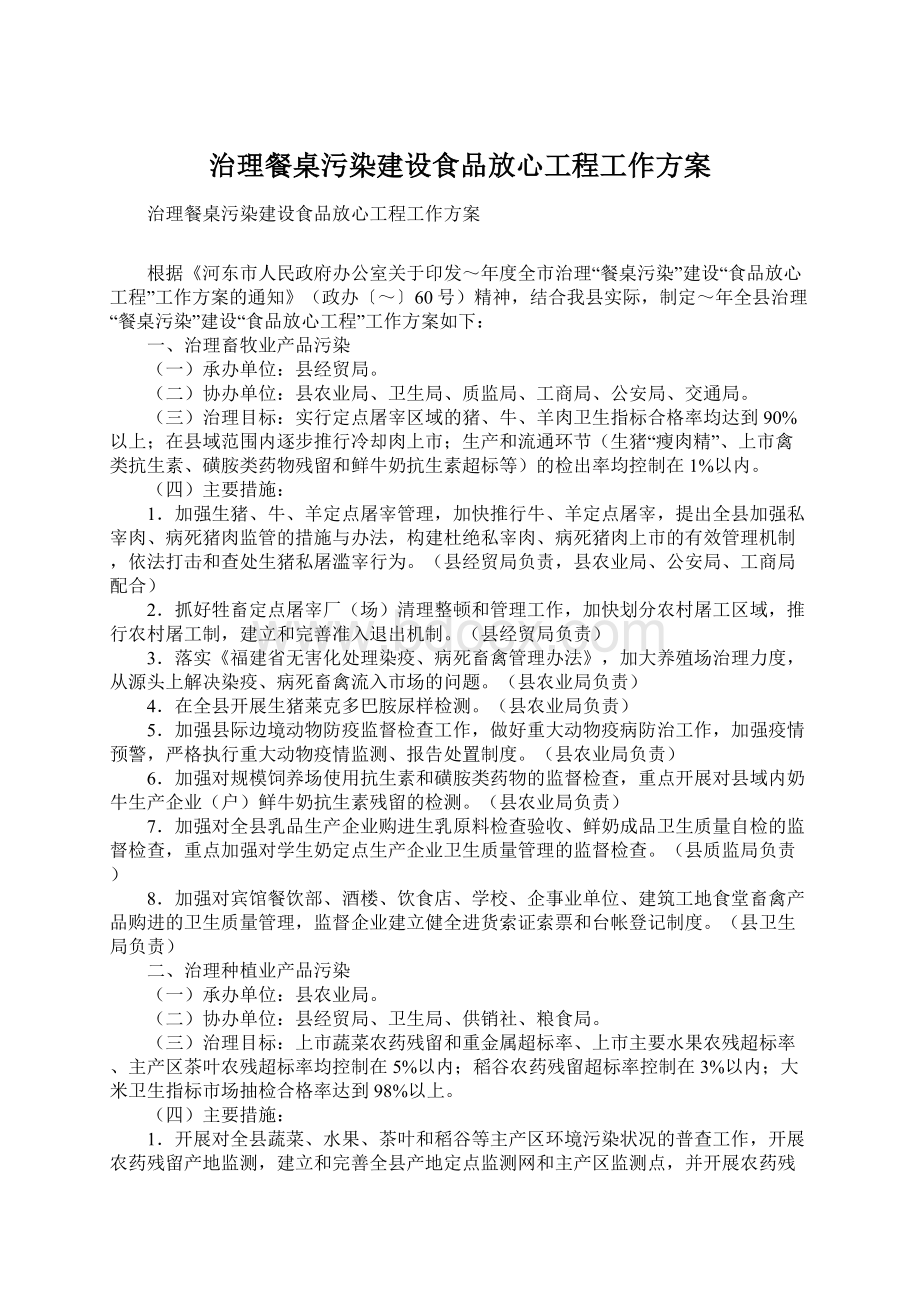 治理餐桌污染建设食品放心工程工作方案Word下载.docx