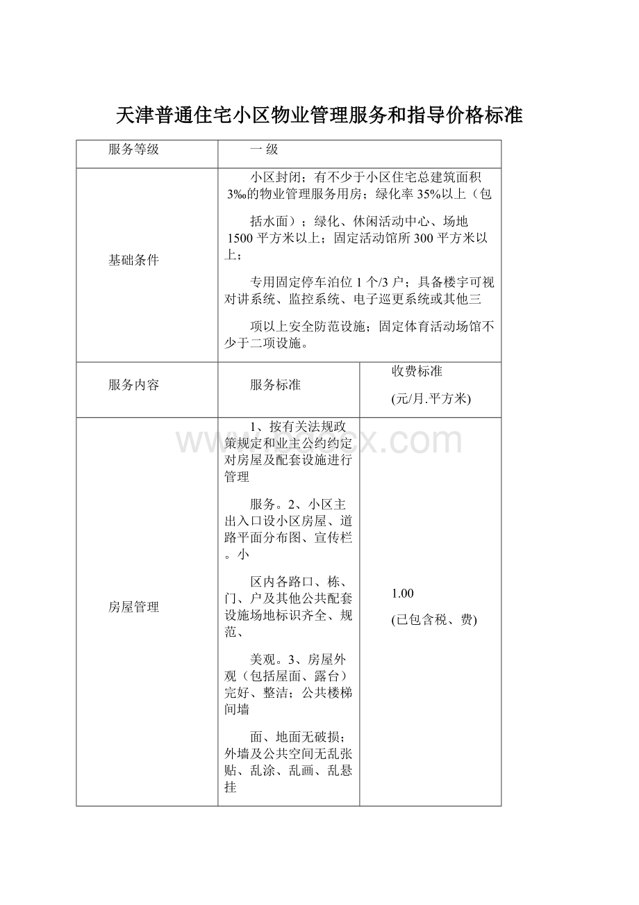 天津普通住宅小区物业管理服务和指导价格标准Word文档下载推荐.docx