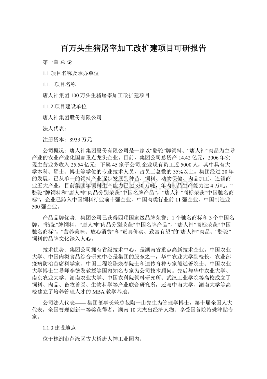 百万头生猪屠宰加工改扩建项目可研报告文档格式.docx_第1页