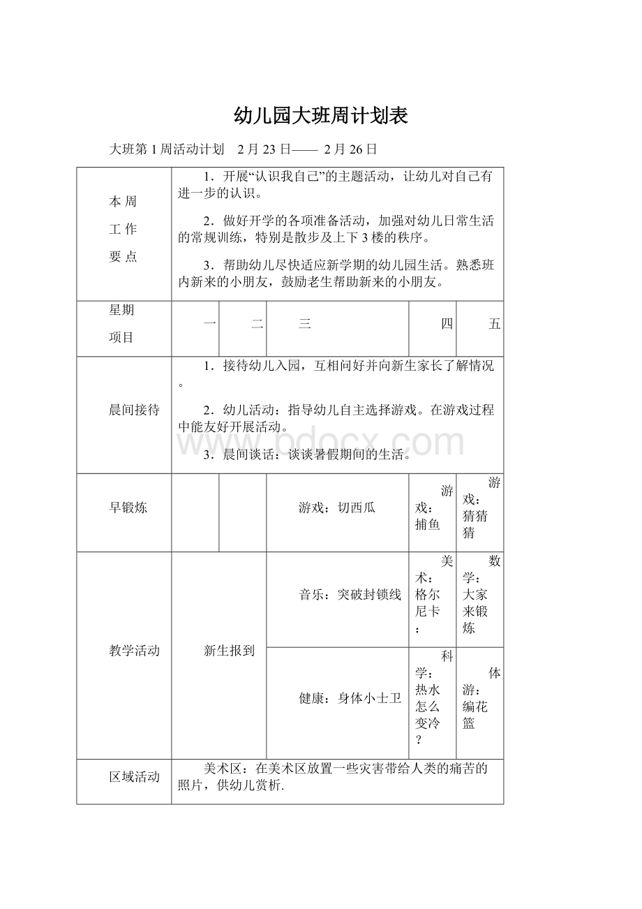 幼儿园大班周计划表文档格式.docx_第1页