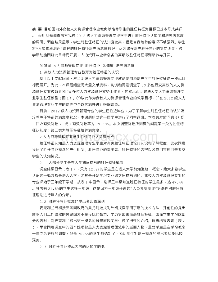 人力资源管理专业学生胜任特征认知度及培养满意度调查分析Word下载.doc