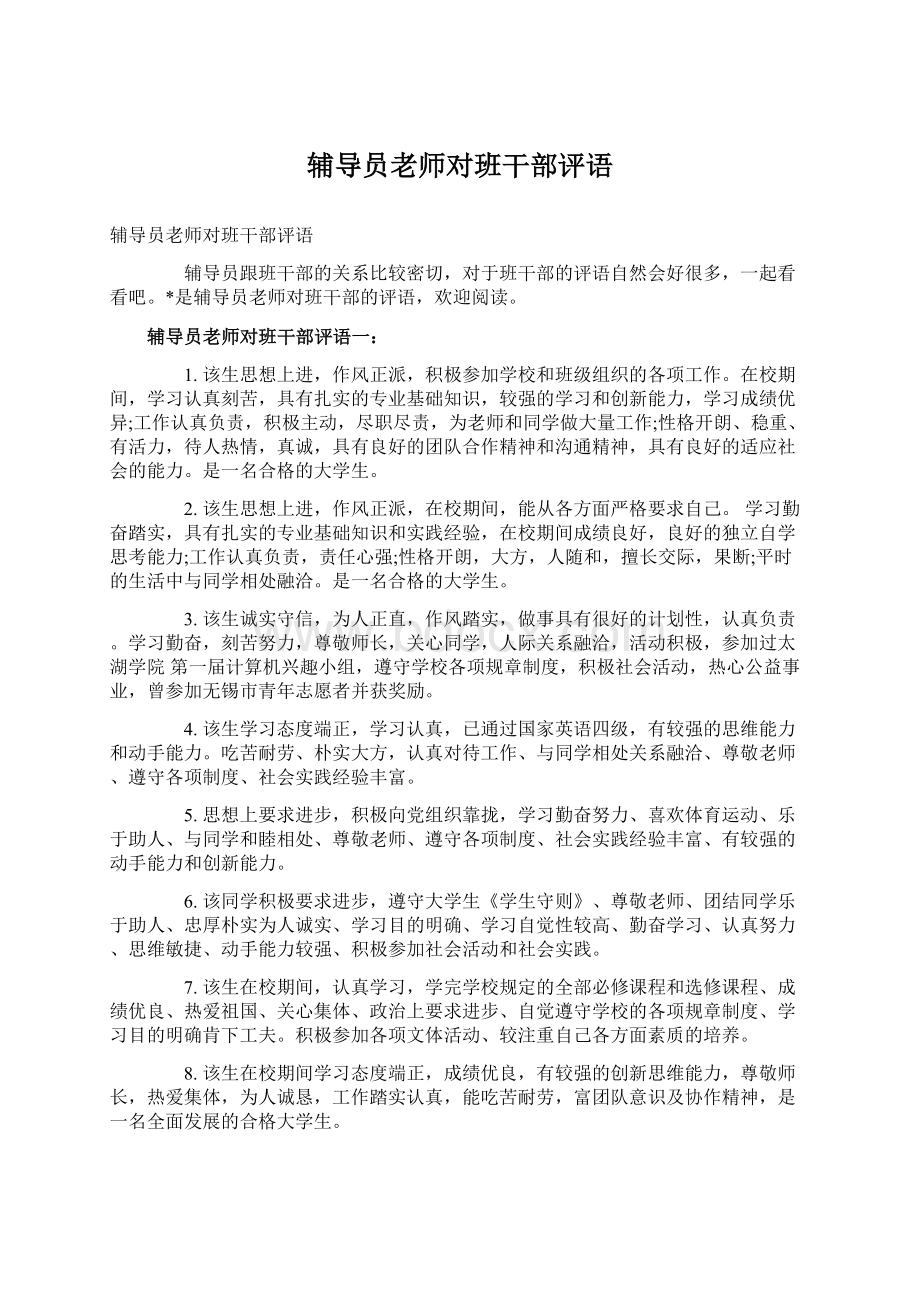 辅导员老师对班干部评语Word格式文档下载.docx