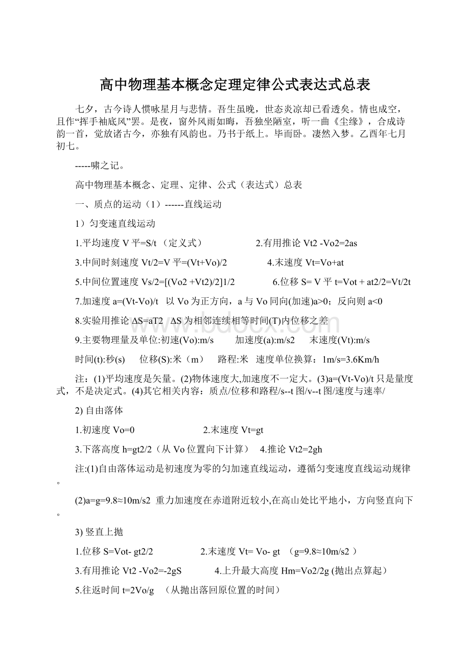 高中物理基本概念定理定律公式表达式总表Word文档格式.docx