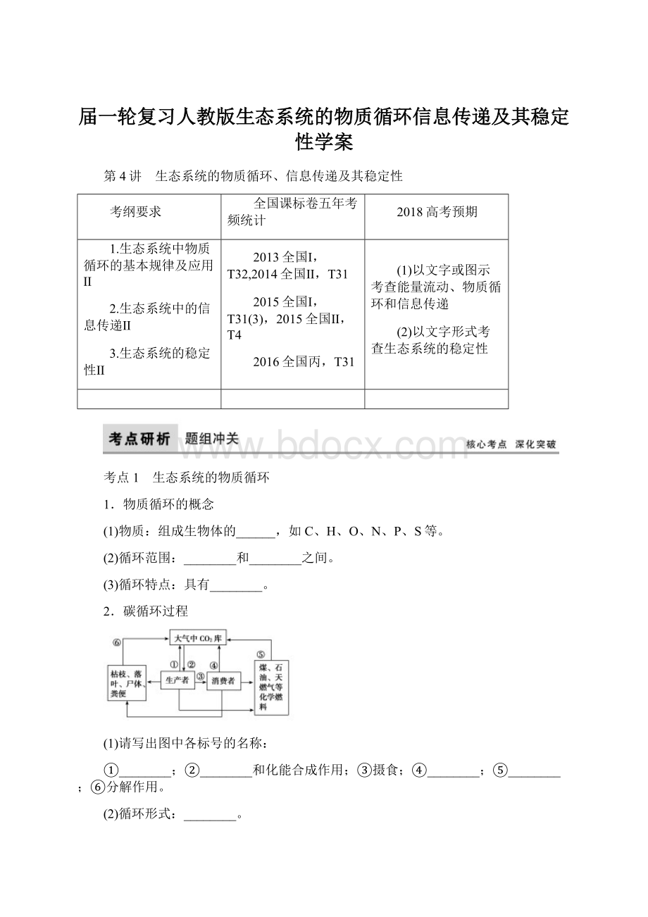 届一轮复习人教版生态系统的物质循环信息传递及其稳定性学案.docx_第1页