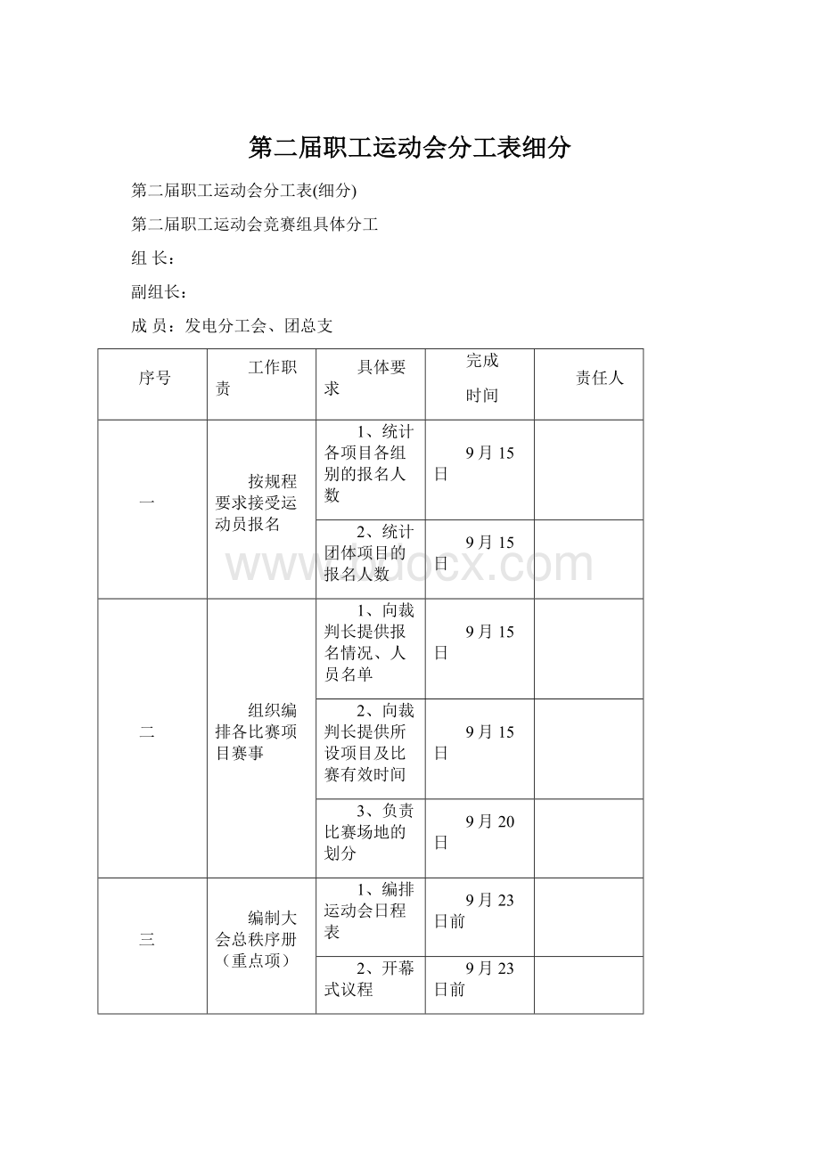 第二届职工运动会分工表细分.docx