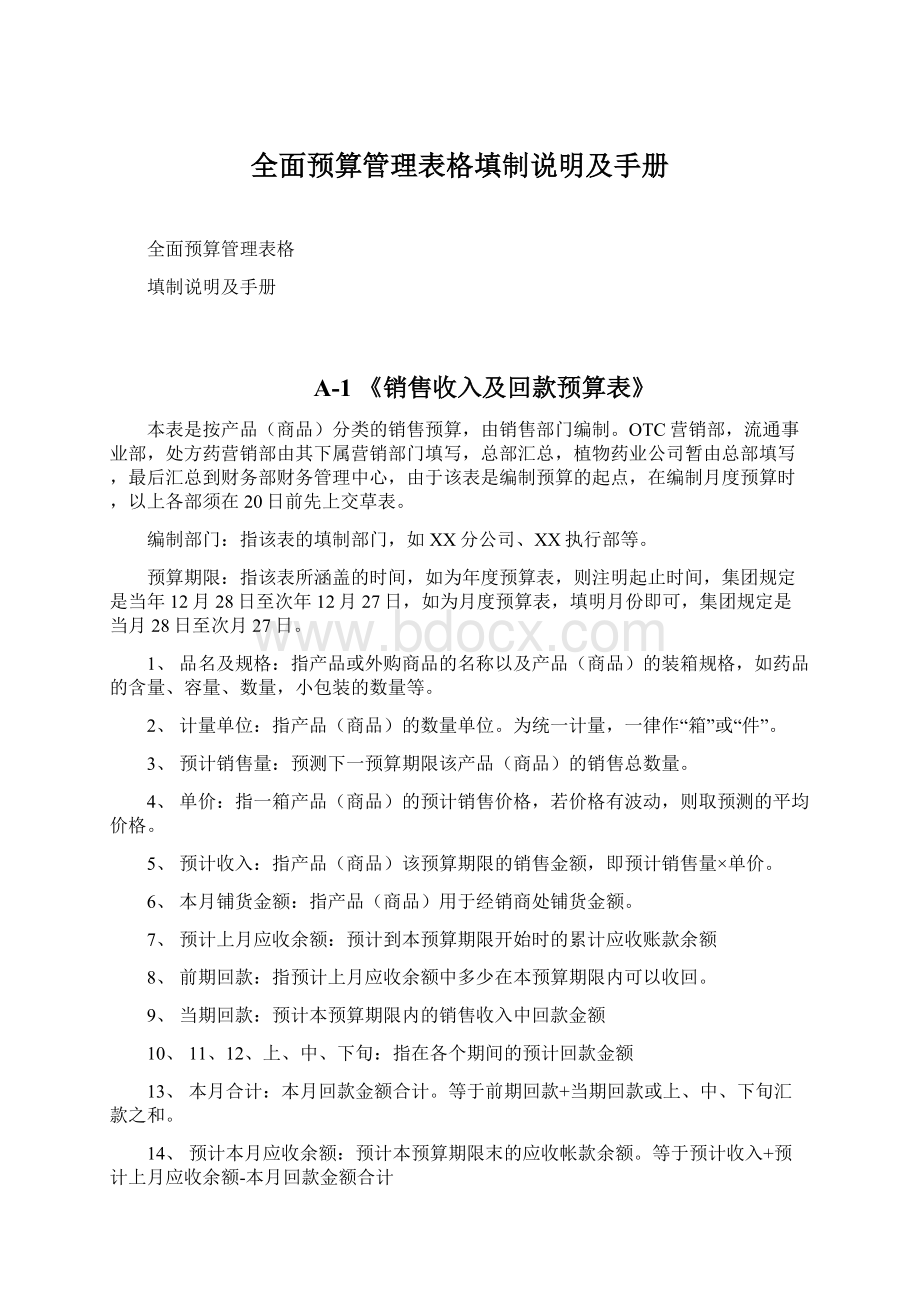 全面预算管理表格填制说明及手册.docx