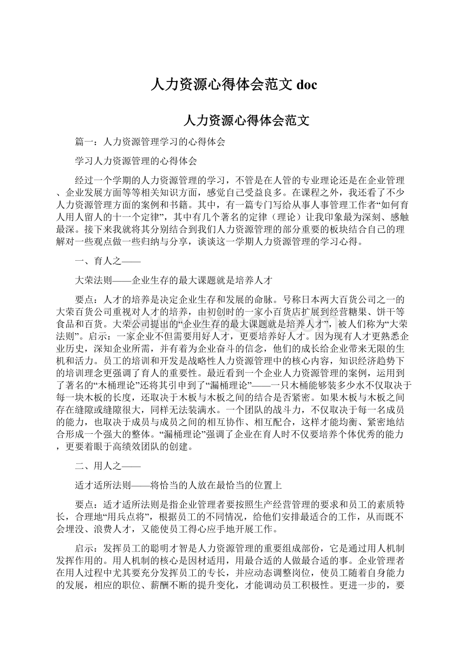 人力资源心得体会范文docWord格式.docx