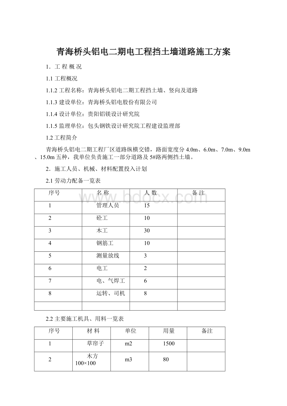 青海桥头铝电二期电工程挡土墙道路施工方案.docx_第1页