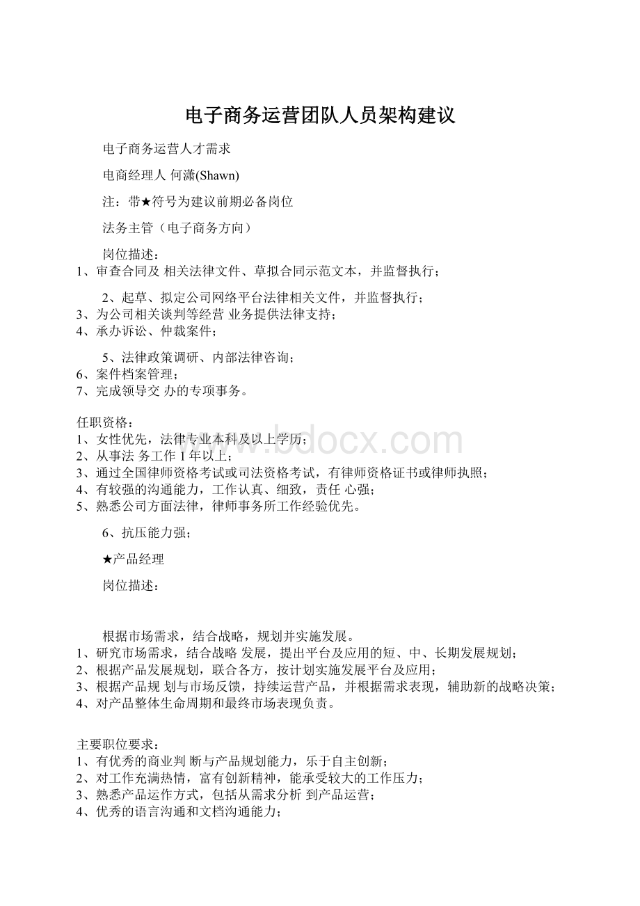 电子商务运营团队人员架构建议.docx