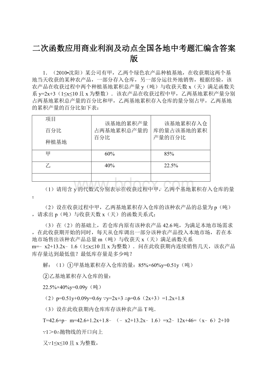 二次函数应用商业利润及动点全国各地中考题汇编含答案版Word文档格式.docx_第1页