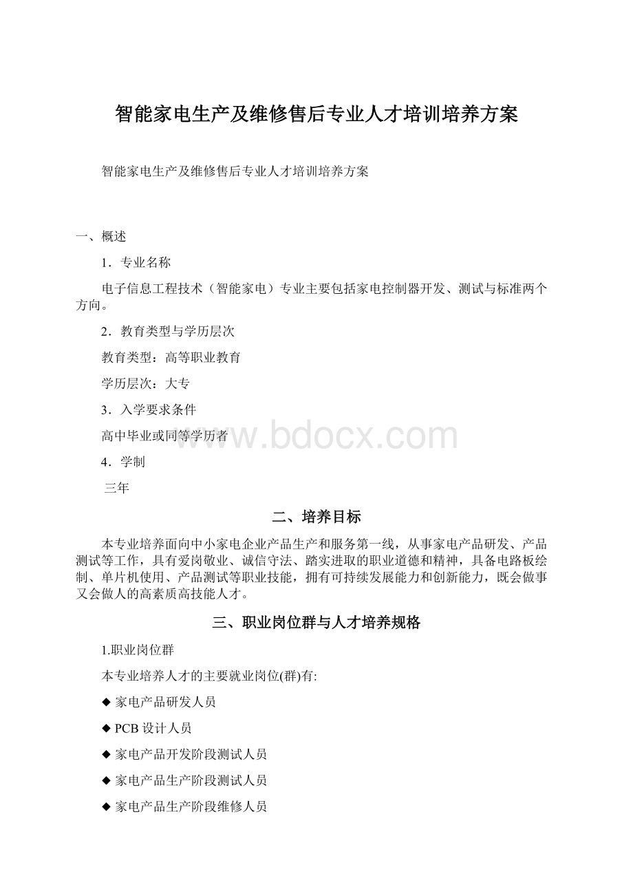 智能家电生产及维修售后专业人才培训培养方案Word下载.docx