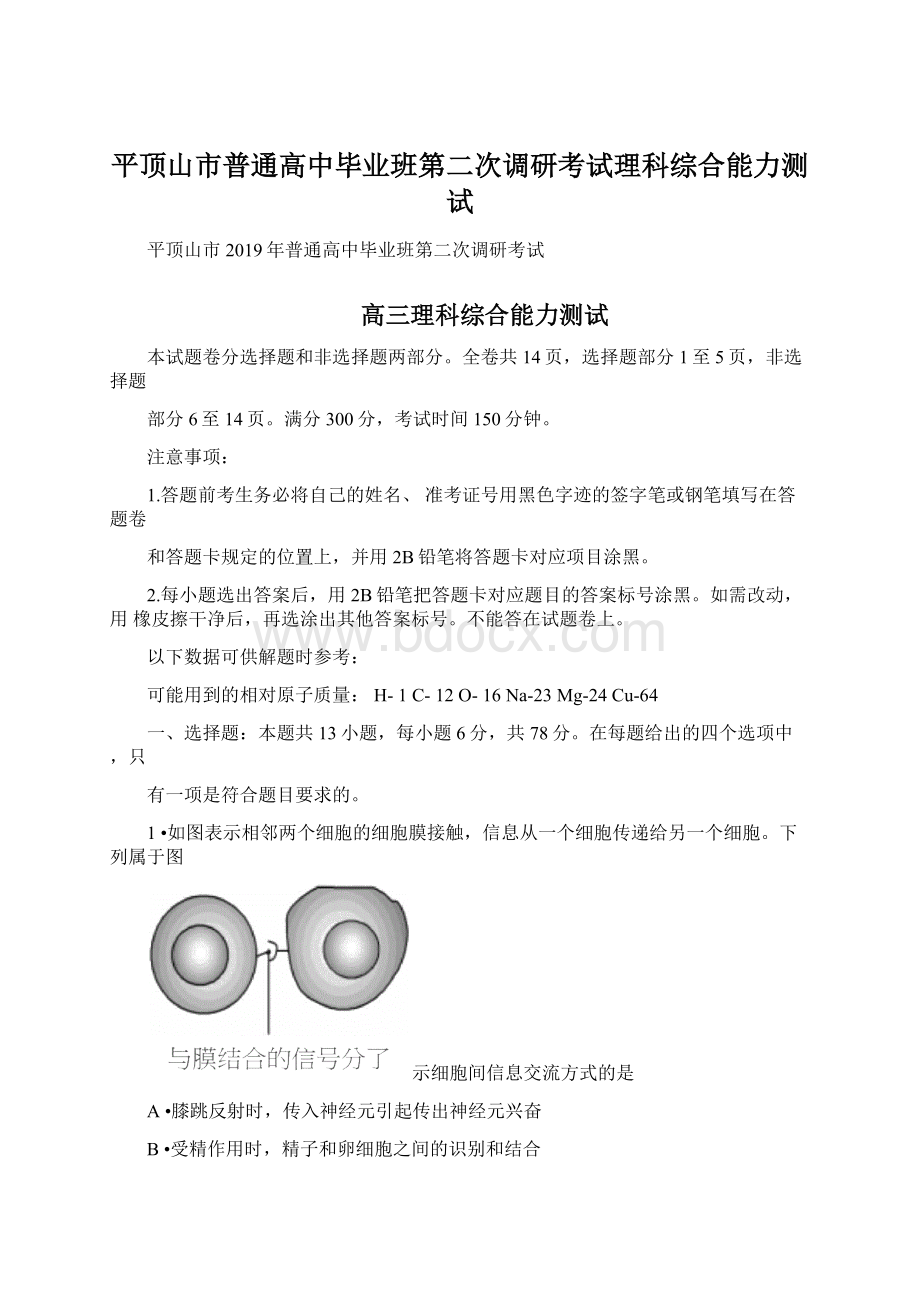 平顶山市普通高中毕业班第二次调研考试理科综合能力测试Word下载.docx_第1页