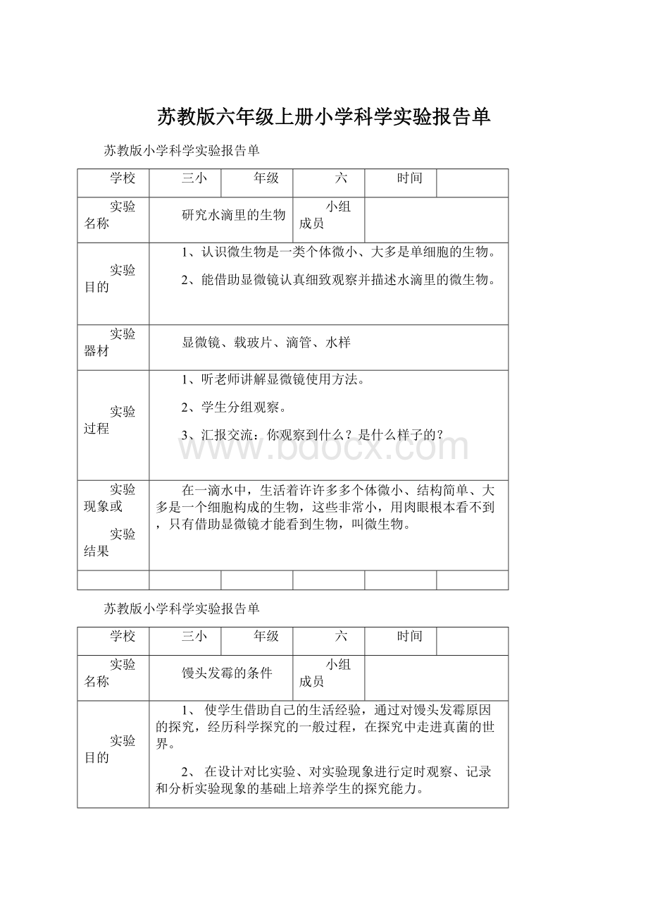 苏教版六年级上册小学科学实验报告单Word格式.docx